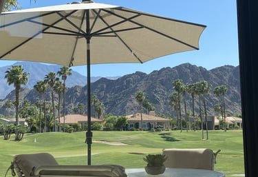 Patio umbrella and mountain view